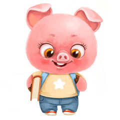Cute cartoon pig with book and backpack