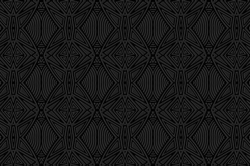 Embossed black background, tribal cover design. Geometric decorative 3D pattern, press paper, leather. Boho, handmade. Dudling, zentangle. Ethnic ornaments of the East, Asia, India, Mexico, Aztecs, Pe