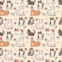 Obraz na płótnie Canvas Simple and cute kitties, cats seamless pattern for kids. Creative kids texture for fabric, wrapping, textile, wallpaper, apparel etc.
