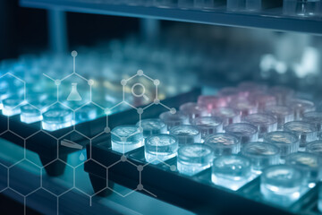 96 well plate with samples for biological analysis. Microplate for biomedical research and biologic tests. Generative AI