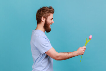 Side view of excited positive handsome young bearded man standing, holding and giving rose tulip flower and looking smiling ahead. Indoor studio shot isolated on blue background.