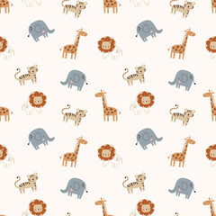 Simple and cute elephants, tigers, giraffes, lions seamless pattern for kids. Creative kids texture for fabric, wrapping, textile, wallpaper, apparel etc. 
