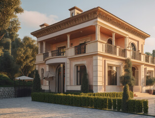 Mediteranian exterior house design in daytime golden hour generative ai