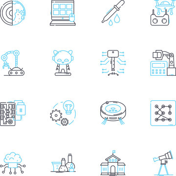 Electronic machinery linear icons set. Circuitry, Computerization, Automation, Robotics, Sensors, Transistors, Microprocessors line vector and concept signs. Electromagnetic,Amplifiers,Digital outline