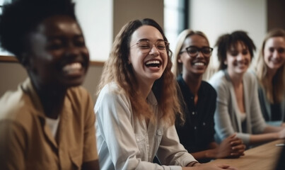 Diverse group of young businesspeople laughing while sitting together in a row at an office desk during a meeting, generative AI - obrazy, fototapety, plakaty