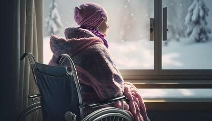 Lonely woman in scarf with cancer in wheelchair looks out window, remembers passing life. Generation AI - obrazy, fototapety, plakaty