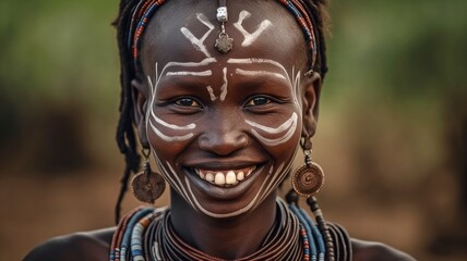 Native East African woman with a lovely grin Put on a headpiece, tattoo your face, and paint it. AI generator - obrazy, fototapety, plakaty