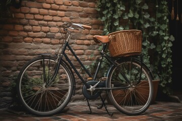 Fototapeta na wymiar Bike with front basket parked by brick wall, plant in basket behind bike. Generative AI