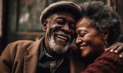 Obraz premium Happy senior african american man holding hands of smiling wife with closed eyes, generative AI