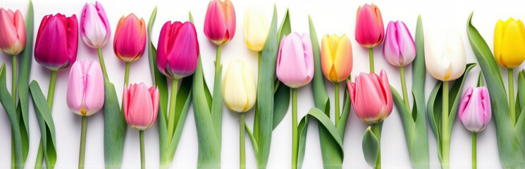 Obraz premium Pastel color tulips on white background, banner. Mothers day, women day gift. Generative AI