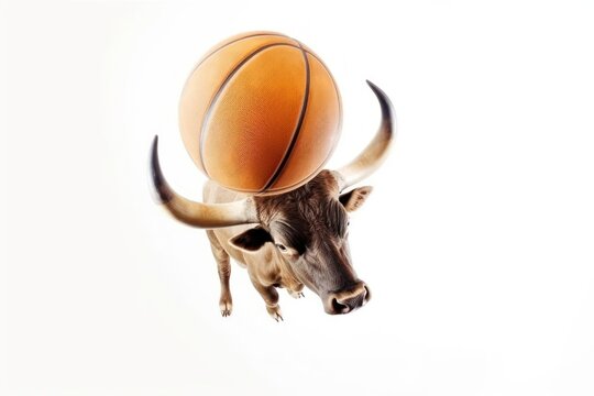 Bull Basketball Superstar Playing Basketball Isolated On Blank Background Generative AI