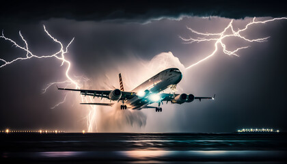 Danger climate weather. Airplane in sky with thunder and lightning, plane flies in terrible thunderstorm. Generation AI - obrazy, fototapety, plakaty