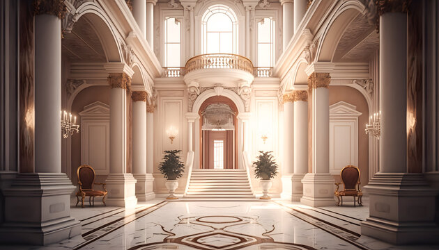 Light luxury royal posh interior in baroque style. White hall with expensive oldstyle furniture. Generation AI