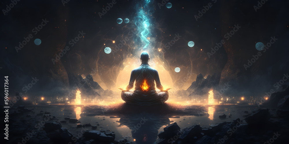 Wall mural astral yoga silhouette of human in cosmic space meditate. practicing transcendental spiritual medita