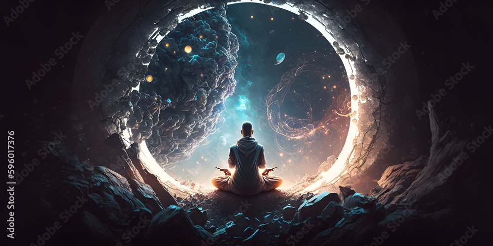 Wall mural astral yoga silhouette of human in cosmic space meditate. practicing transcendental spiritual medita