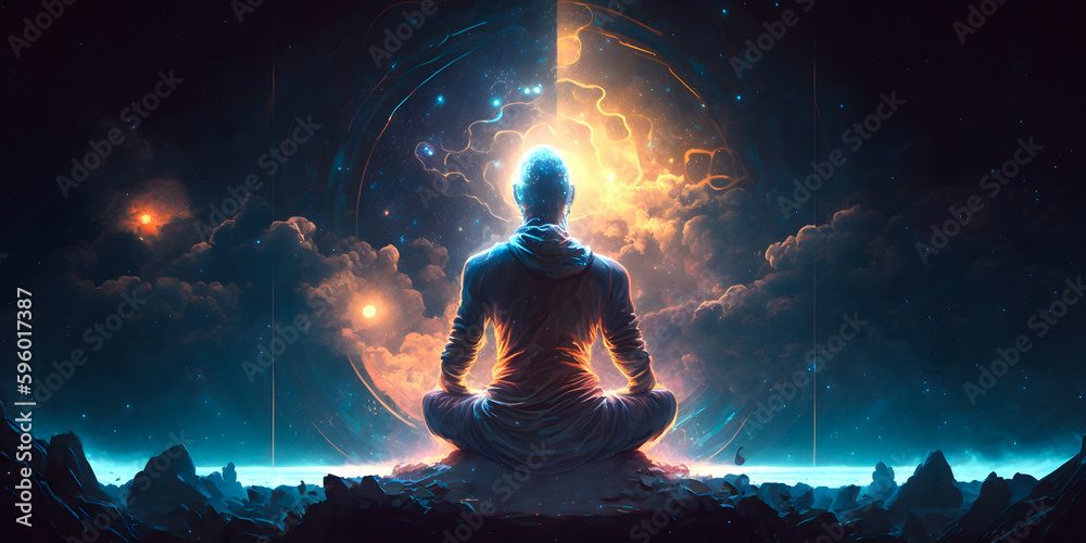 Wall mural astral yoga silhouette of human in cosmic space meditate. practicing transcendental spiritual medita