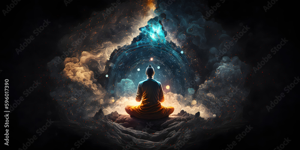 Wall mural astral yoga silhouette of human in cosmic space meditate. practicing transcendental spiritual medita