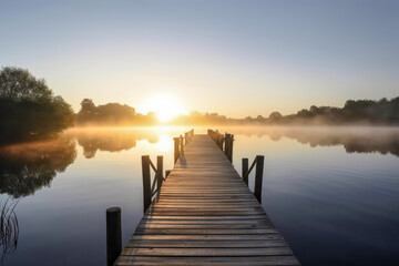 Fototapeta na wymiar Wooden pier at the lake at sunrise. Generative AI.