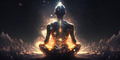 Astral yoga silhouette of human in cosmic space meditate. Practicing transcendental spiritual meditation. Generation AI