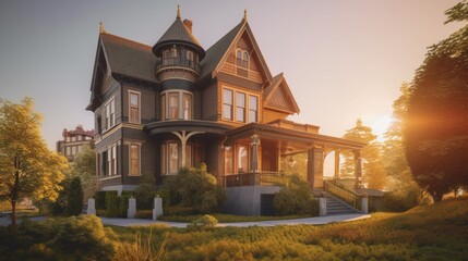 Queen anne exterior house design in daytime golden hour generative ai