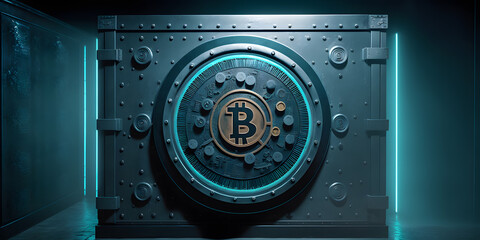 Gold Safe deposit with bitcoin logo. Concept symbol of cryptocurrency safety in internet blockchain virtual. Copy space banner. Generation AI.