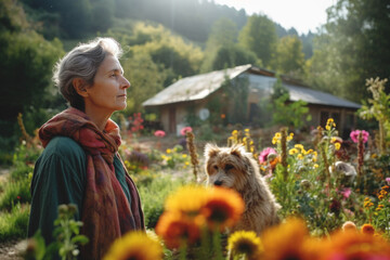Portrait of elderly woman outdoors.Self-sustaining concept of living in nature and community of more people. Generative AI.