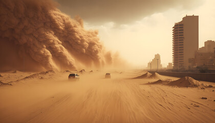 Worst sandstorm in modern city with skyscraper. Generation AI