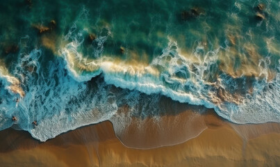 Aerial view of sandy beach and blue sea