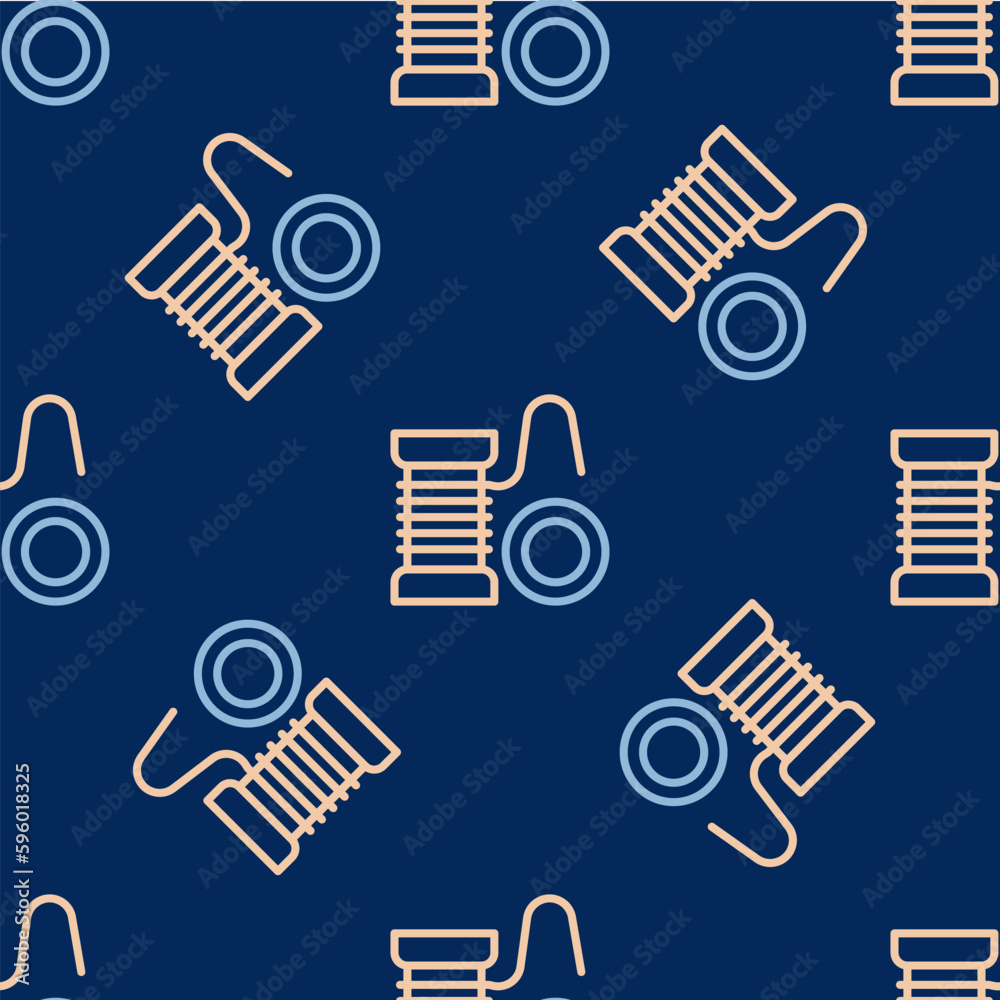 Wall mural Line Spinning reel for fishing icon isolated seamless pattern on blue background. Fishing coil. Fishing tackle. Vector