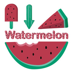 Set of watermelons and pieces of watermelons, as well as watermelon desserts