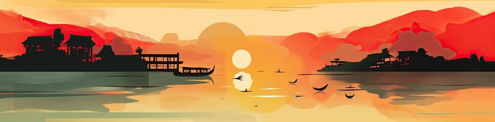 Fototapeta na wymiar Calm lake water during the sunset. Wonderful colours. Generative AI