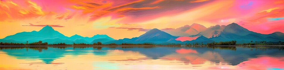 Fototapeta na wymiar Calm sea or lake water during the sunset. Wonderful colours. Generative AI