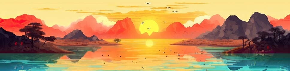 Naklejka na ściany i meble Calm lake water during the sunset. Wonderful colours. Generative AI