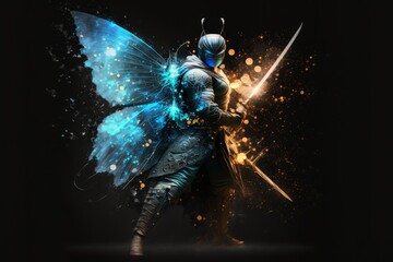 Fototapeta A man in armor holding a sword with butterflies flying around him, butterflies  superhero created with Generative Ai Technology obraz