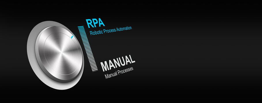 Selection of RPA (Robotic Process Automation) Mode by Turning the Knob on a Dark Background. Intelligent system automation. AI, Artificial intelligence. RPA technology concept.