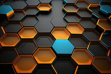 A bunch of orange and blue hexagons on a black background, created with Generative Ai Technology
