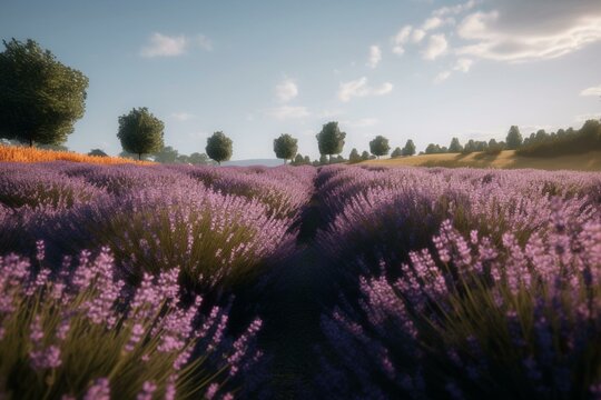Explore a detailed lavender field in Unreal Engine 5 with ultra-wide angle and depth of field effects. Generative AI