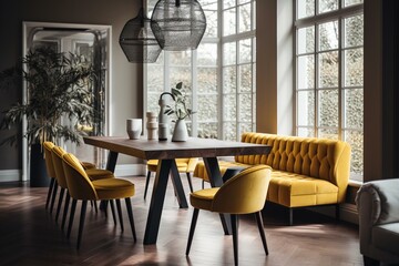 Stylish dining room featuring sophisticated decor with sunshine yellow seating. Generative AI