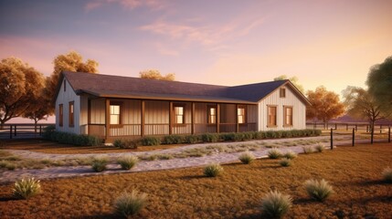 Fototapeta na wymiar Ranch exterior house design in daytime golden hour generative ai