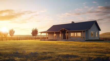 Ranch exterior house design in daytime golden hour generative ai - obrazy, fototapety, plakaty