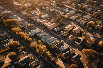 A bird's eye view of a neighborhood, consisting of residential homes and streets filled with cars. Generative AI