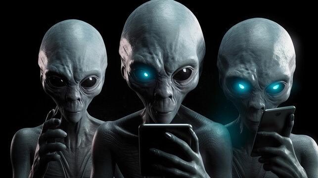 group of aliens with smartphones. Generative AI