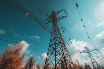A tall power pole carrying high voltage with blue sky in the background. Generative AI