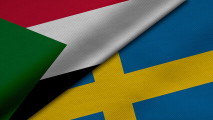 3D rendering of two flags of Republic of the Sudan and Kingdom of Sweden together with fabric texture, bilateral relations, peace and conflict between countries, great for background