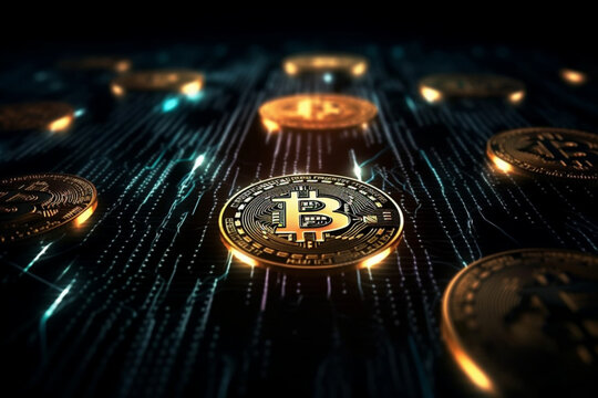 Golden bitcoin on a dark background close-up. Cryptocurrency concept Generative ai