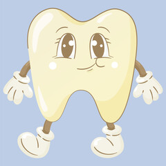 Cartoon cute happy tooth.70, 80, retro style.Dental concept, vector image for poster, sticker, print
