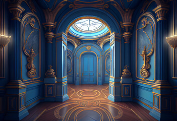 Photorealistic interior of a castle or palace decorated with blue ornamental stone and gold. AI generative.