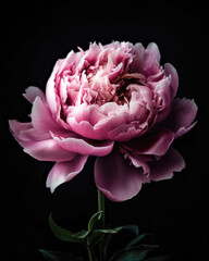 Beautiful pink peony flower on black background. Close up. 