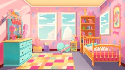 girl's room interior with pony and candy pattern