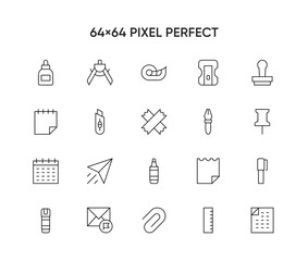 Stationery items. Vector isolated line icons set. 